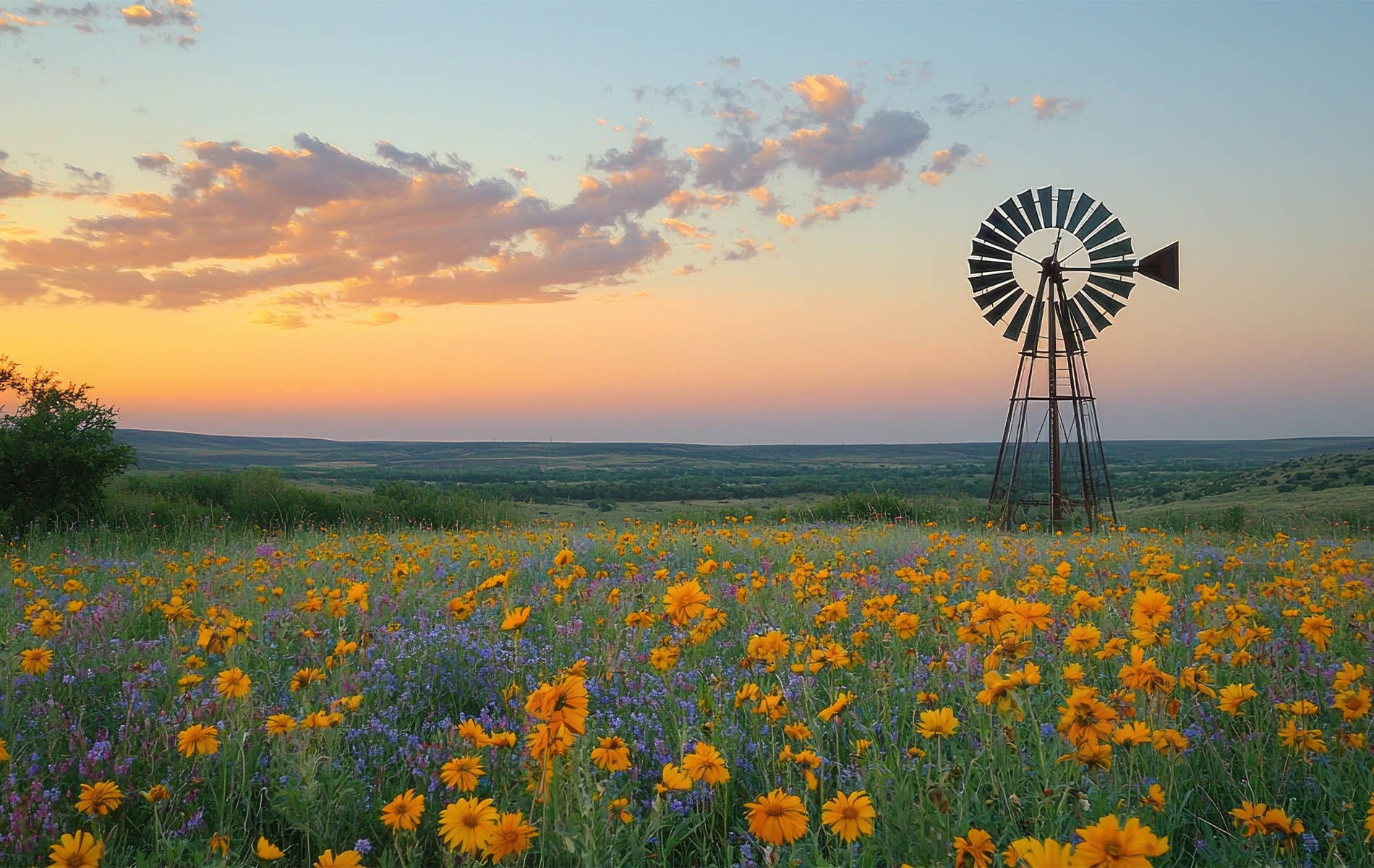 Killebrew Insurance LLC - Golden Wildflowers Dominate the Foreground as a Classic Windmill Stands Tall Against a Breathtaking Sunset